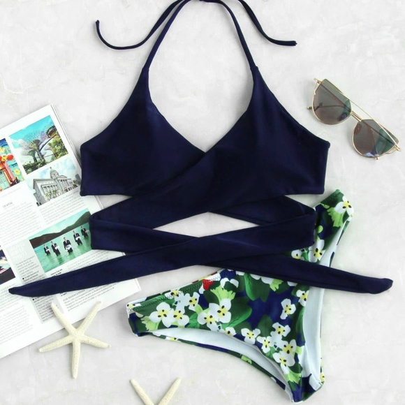 Other - New Arrival! Navy and Floral Strappy Bikini Set